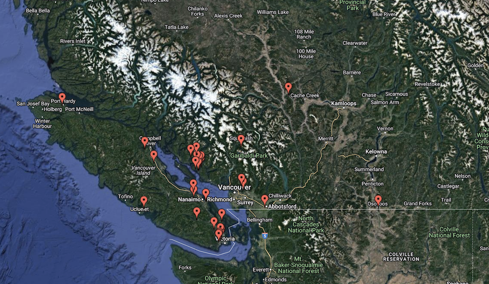 Kaart met waarnemingen van perzikbloesemkwallen in British Columbia