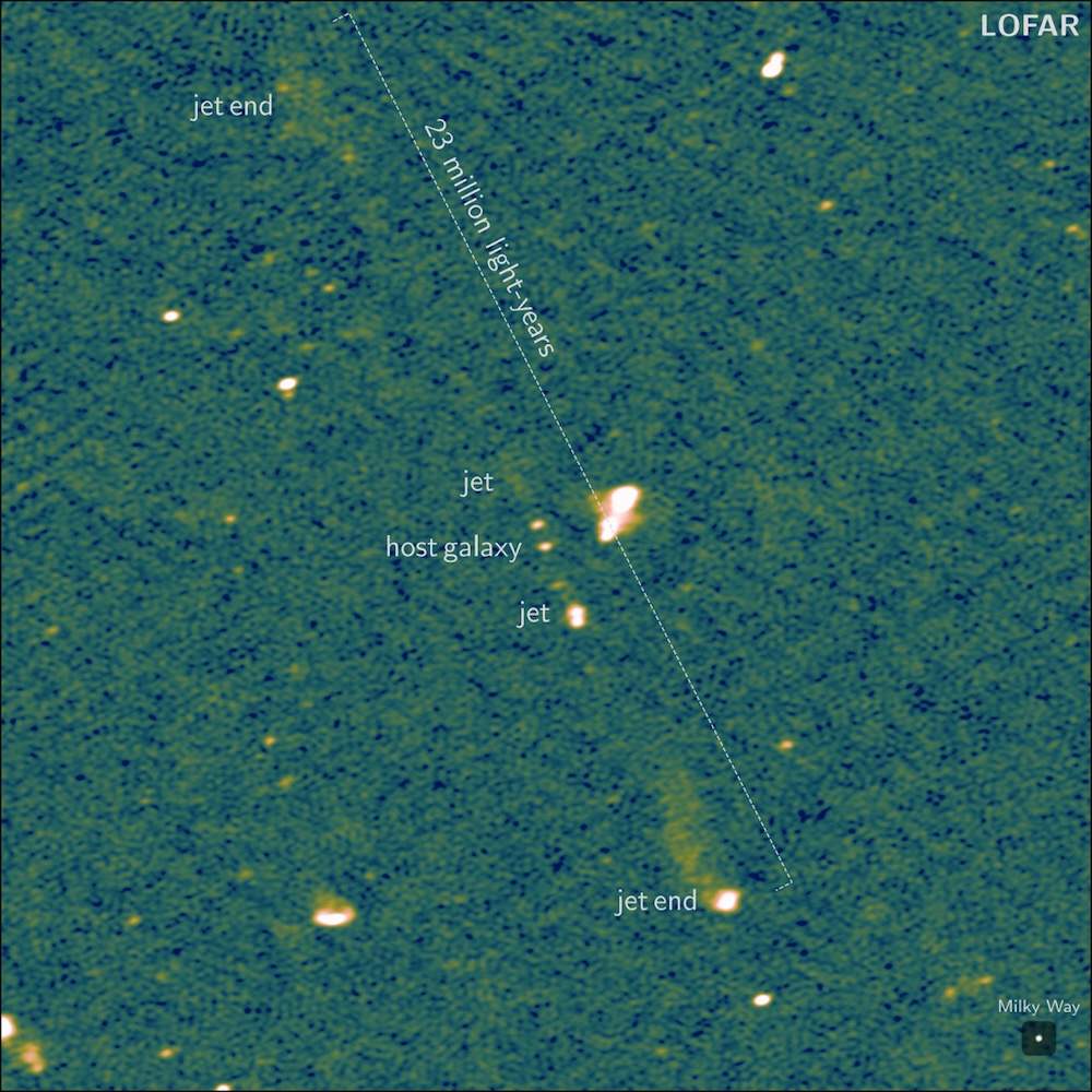 This picture, taken by Europe's LOFAR (LOw Frequency ARray) radio telescope, shows the longest known pair of black hole jets. Nicknamed Porphyrion after a Greek giant by co-discoverer Aivin Gast of the University of Oxford, the jet system spans 23 million light-years, the equivalent of 140 Milky Way galaxies lined up back to back. The galaxy hosting the supermassive black hole, which is 7.5 billion light-years away, is a dot in the center of the image. The largest blob-like structure near the center is a separate smaller jet system. Credit: LOFAR Collaboration / Martijn Oei (Caltech)