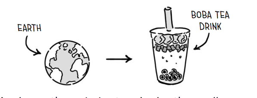 two illustrations: one of earth and one of a boba tea drink