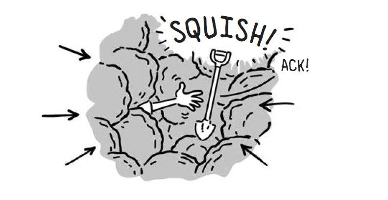 a hand emerging from rocks saying "squish" and "ack"