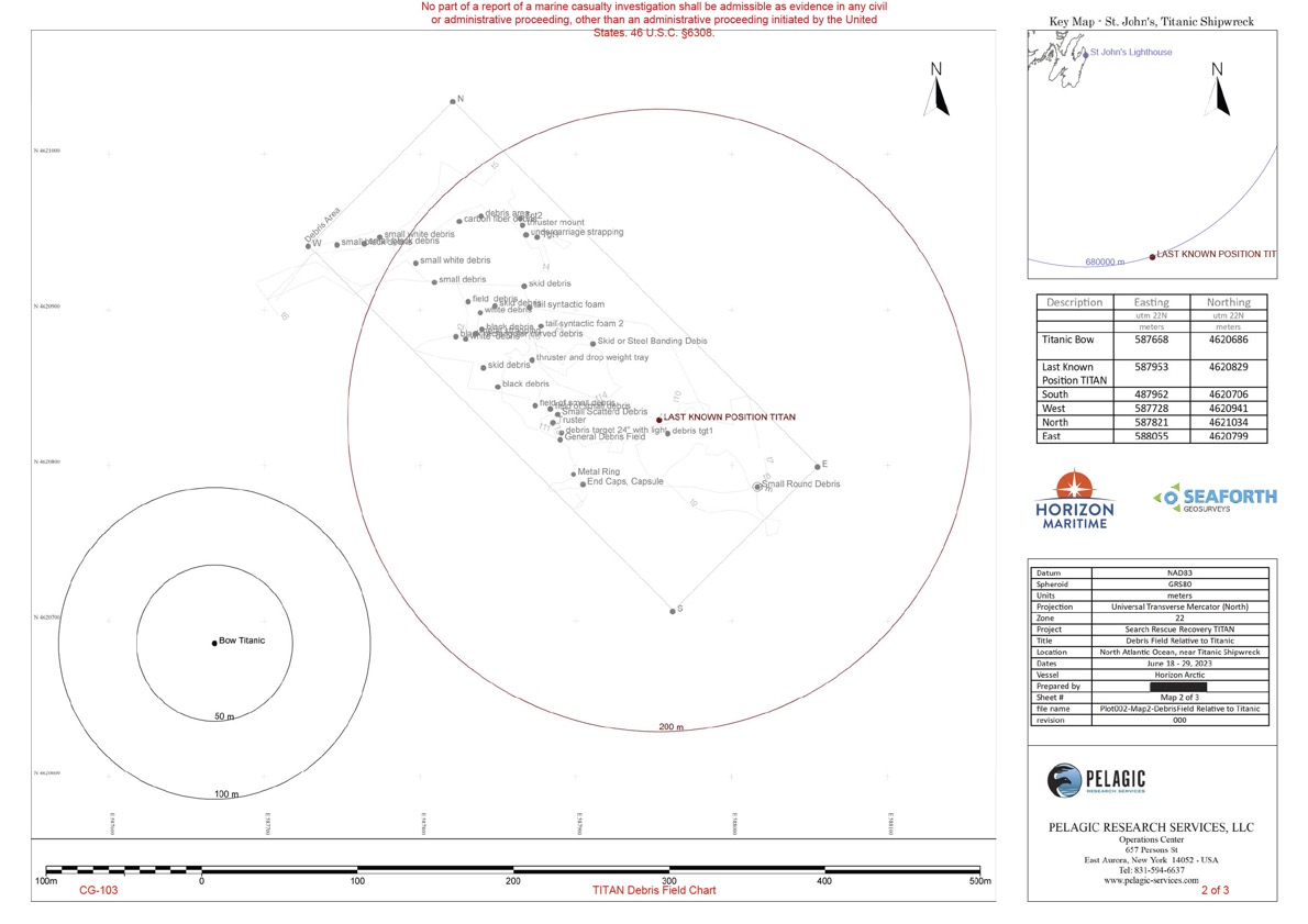 US Coast Guard debris map of OceanGate Titan