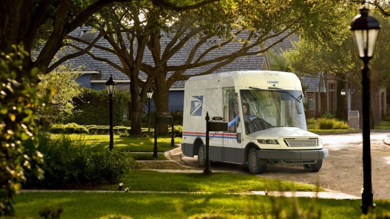 Concept art of USPS Next Generation Delivery Vehicle on neighborhood street