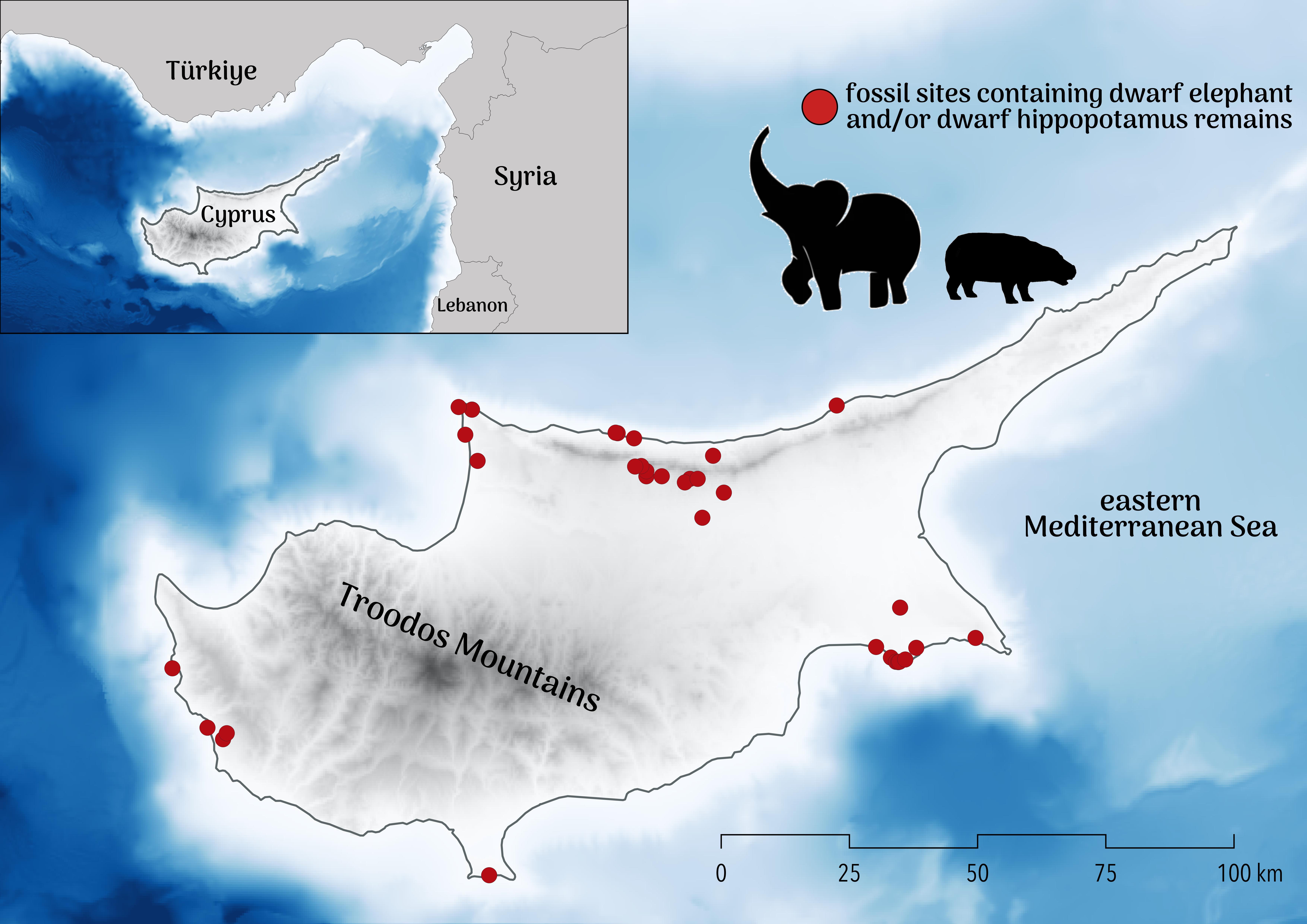 kaart van het eiland Cyprus met rode stippen die aangeven waar langs de kust fossielen zijn gevonden