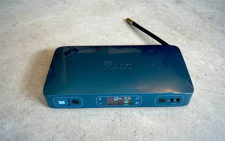  Blue Halo portable jump starter on a white counter