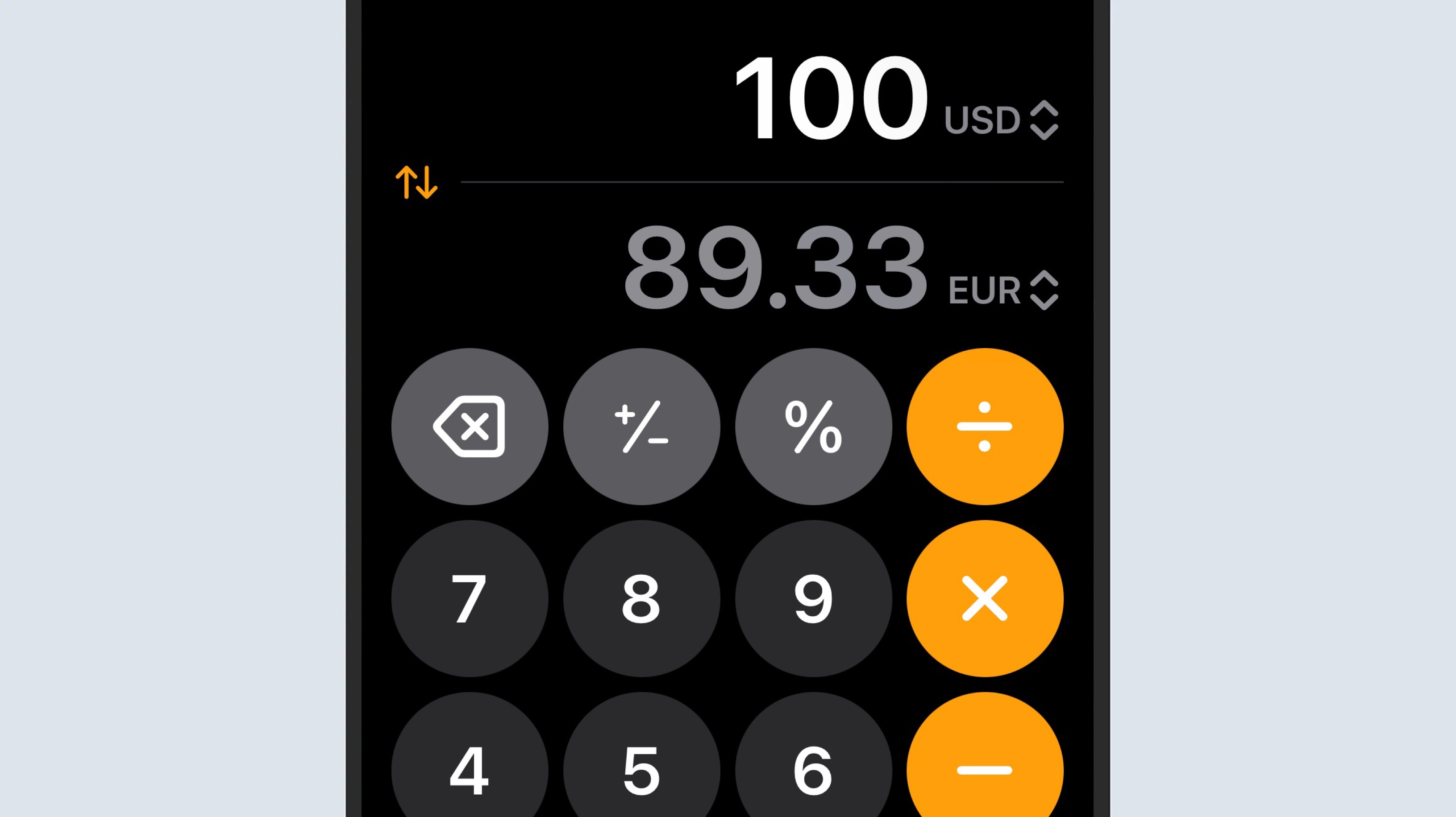 calculator app converting dollars to euros