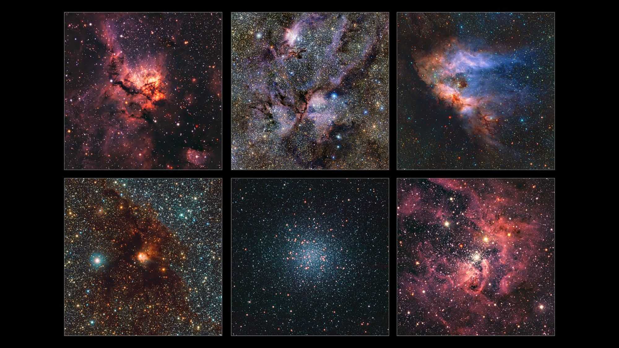 This collage highlights a small selection of regions of the Milky Way imaged as part of the most detailed infrared map ever of our galaxy. Here we see, from left to right and top to bottom: NGC 3576, NGC 6357, Messier 17, NGC 6188, Messier 22 and NGC 3603. All of them are clouds of gas and dust where stars are forming, except Messier 22, which is a very dense group of old stars.