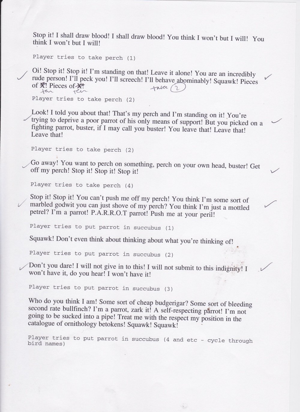 A script page for player interactions with the game's talking parrot voiced by Monty Python's Terry Jones. Courtesy of Emma Westecotte