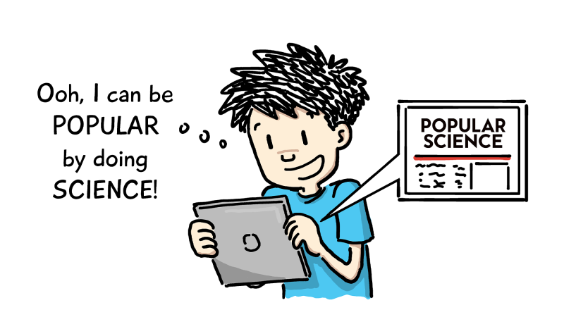 a cartoon of a young boy named oliver reading Popular Science on a tablet. he said "oh i can be popular by doing science."