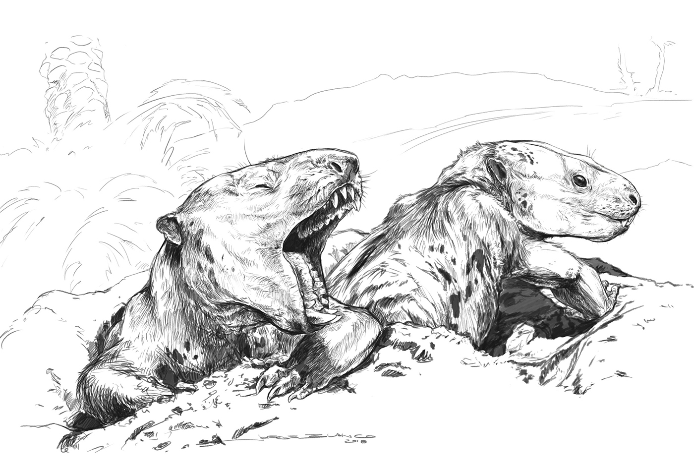 a sketch of several small early mammals. their mouths are open revealing sharp teeth