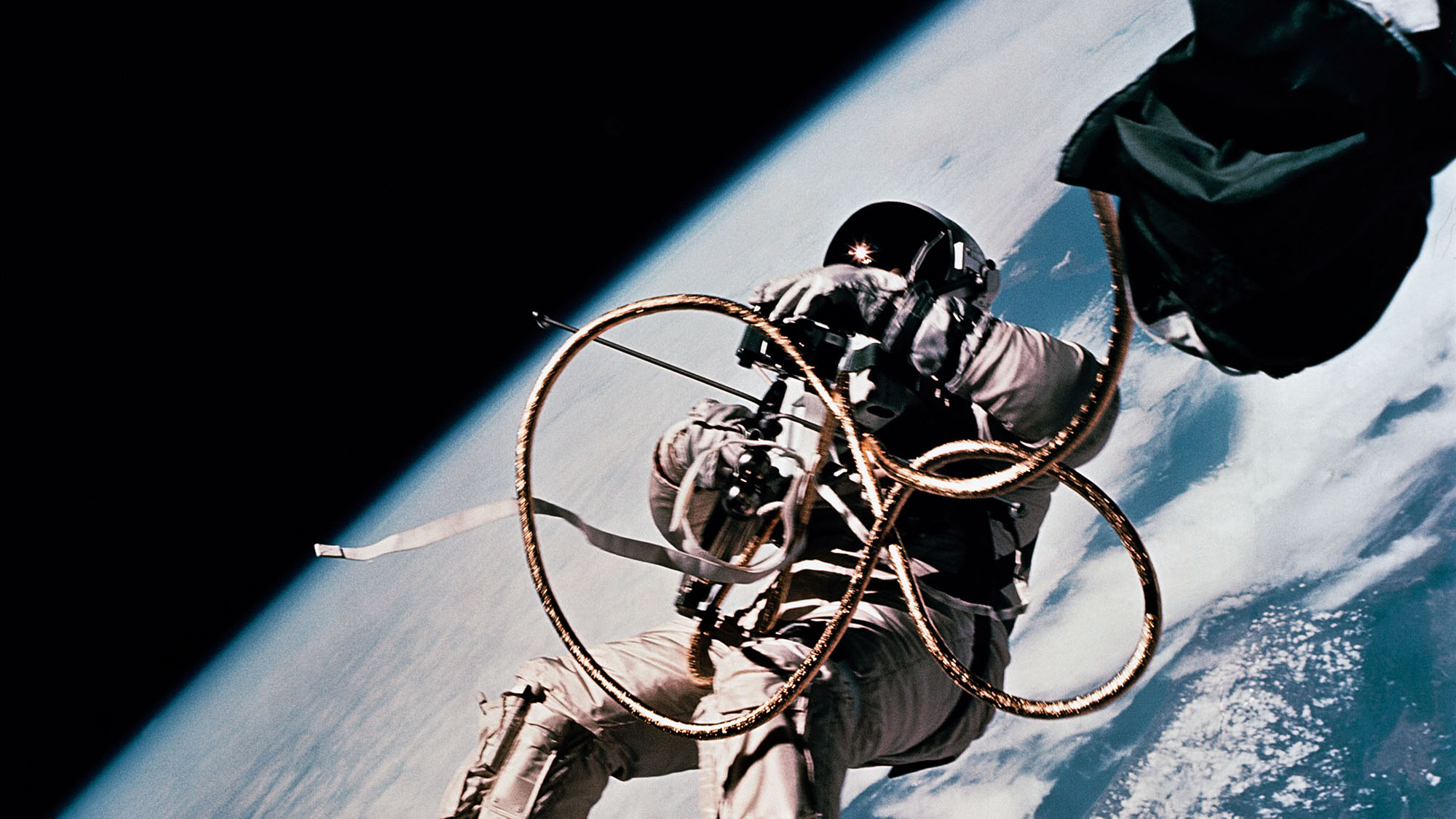 NASA astronaut Ed White free floating in space during a spacewalk in 1965.