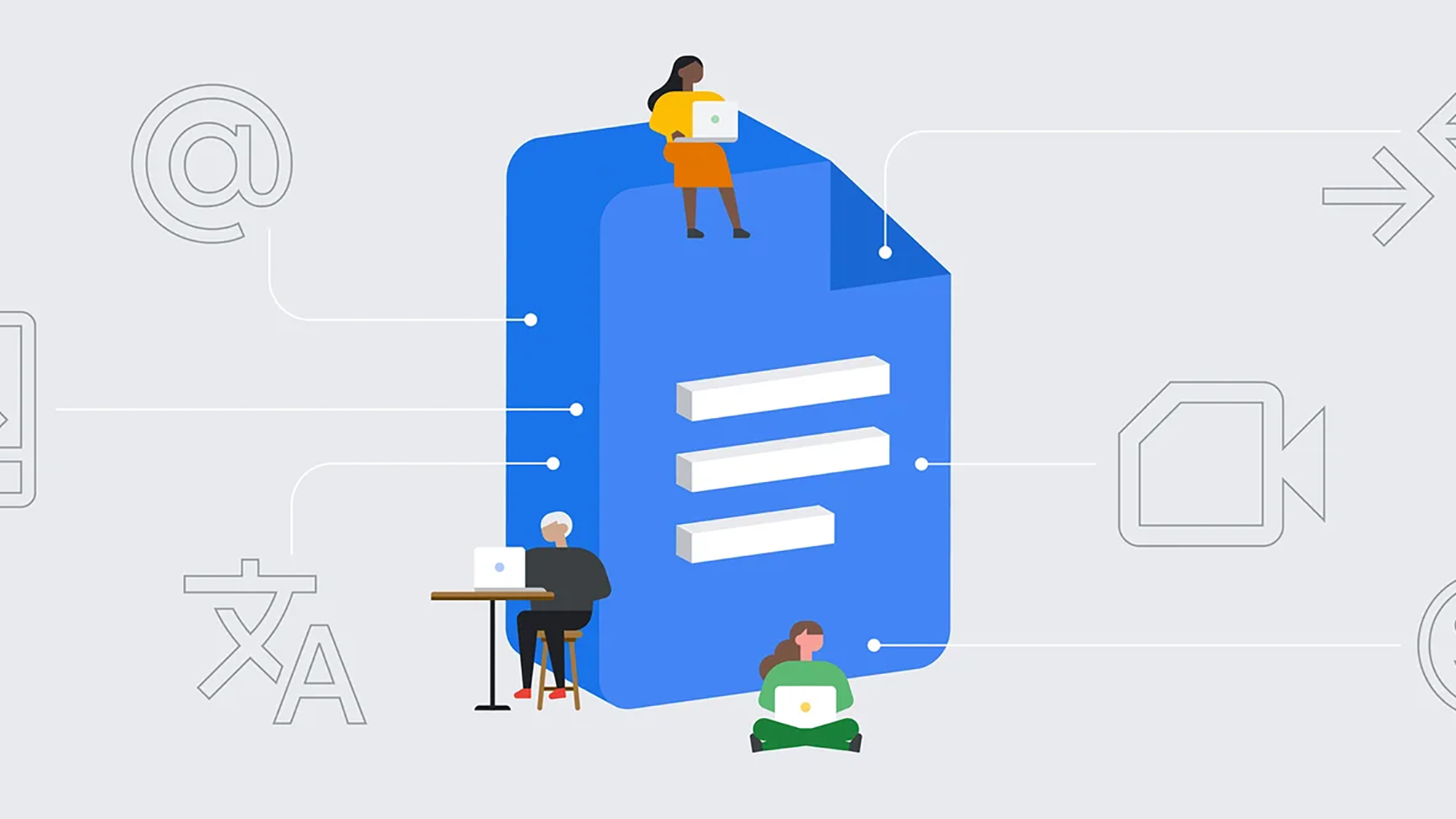 the google docs logo with cartoon people around it