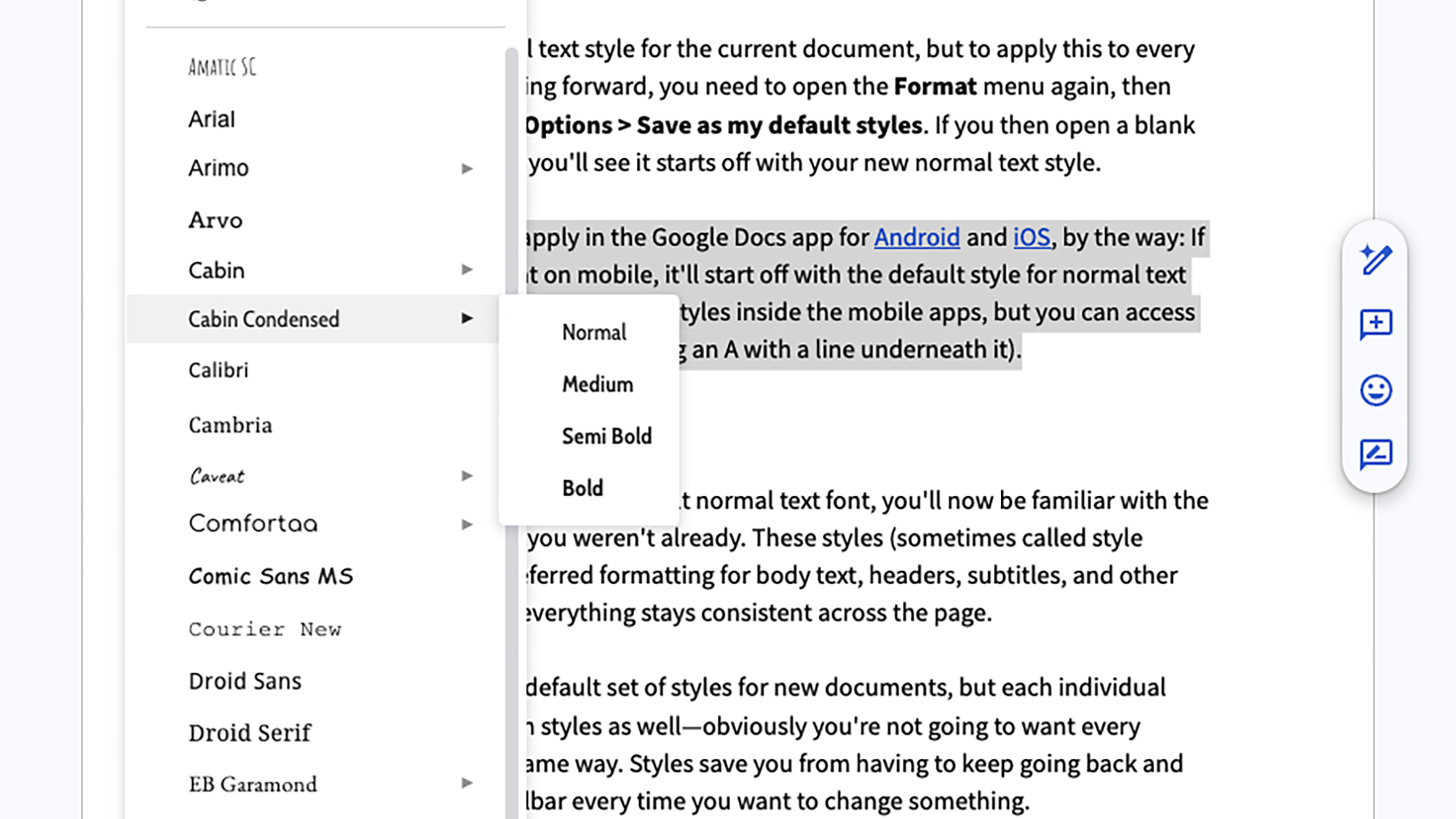 screenshot of font options in google docs