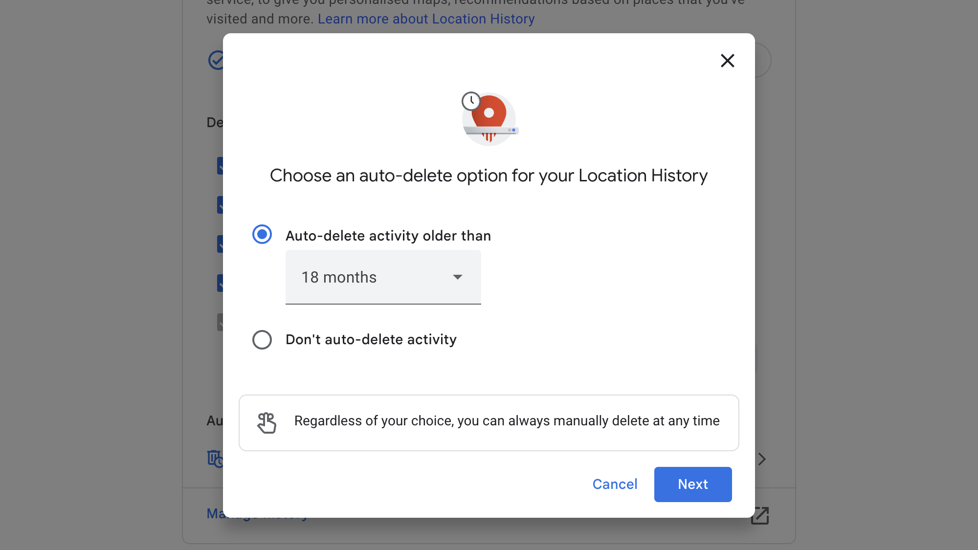 screenshot of auto-delete options in google maps timeline