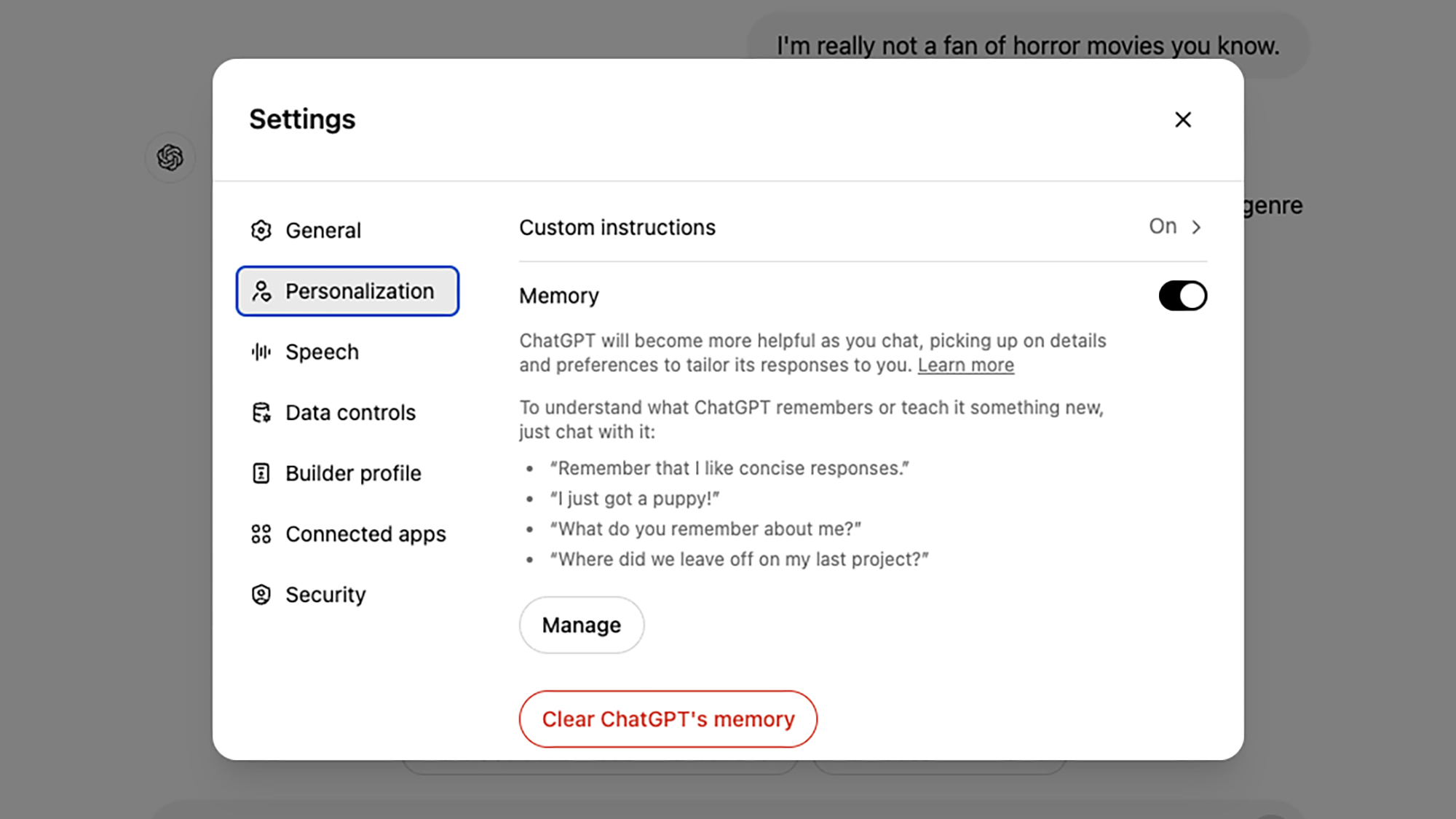 ChatGPT settings page