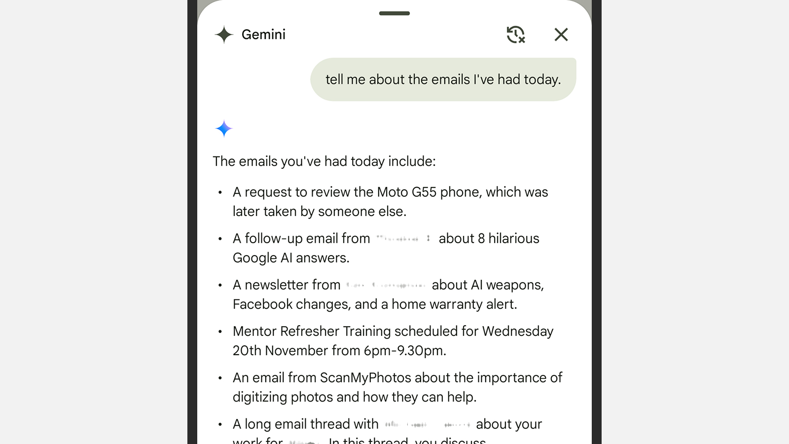 screenshot of gemini answering the question 'tell me about the emails I've had today'