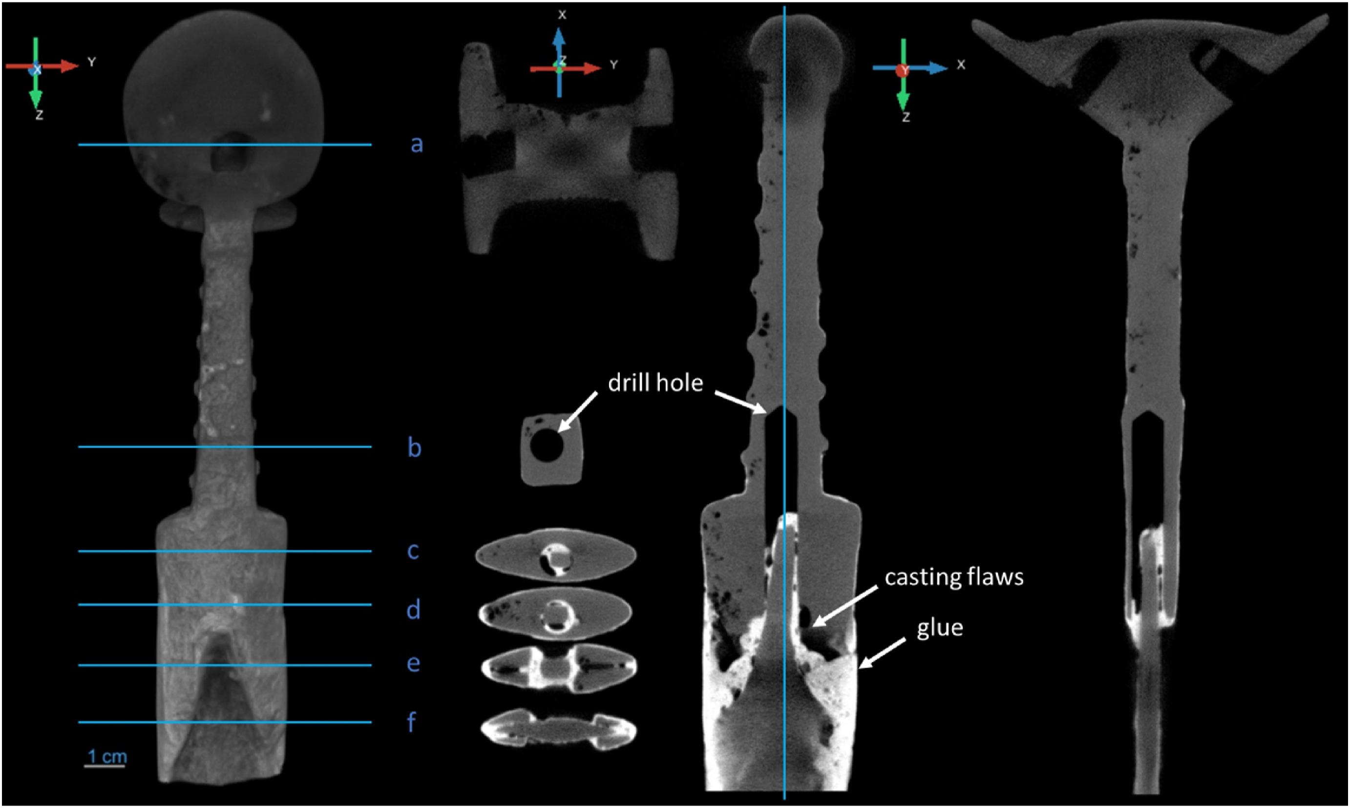 Neutron tomography slices through the hilt, showing the blade is attached with a hydrogen-based glue and inserted into a large drill hole. Credit: Rodzinka, et al.