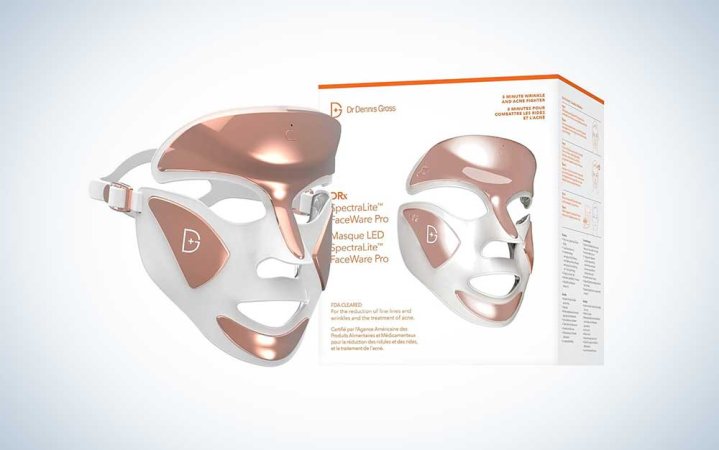  The Dr. Dennis Gross DRx SpectraLite FaceWare Pro LED face mask on plain background.