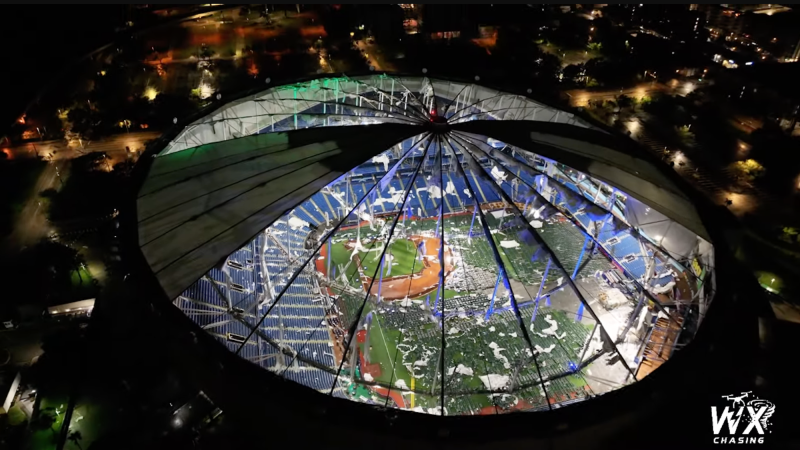 Tampa Bay Rays Tropicana Stadium with roof destroyed by Hurricane Milton