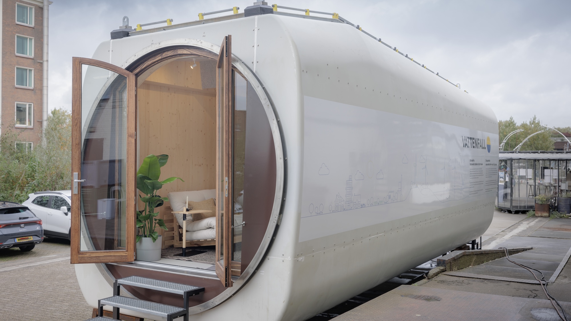 A tiny home made using the nacelle casing from a wind turbine