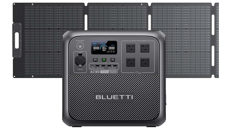 Bluetti solar generator with solar panel on a plain background on-sale for Prime Big Deal Day