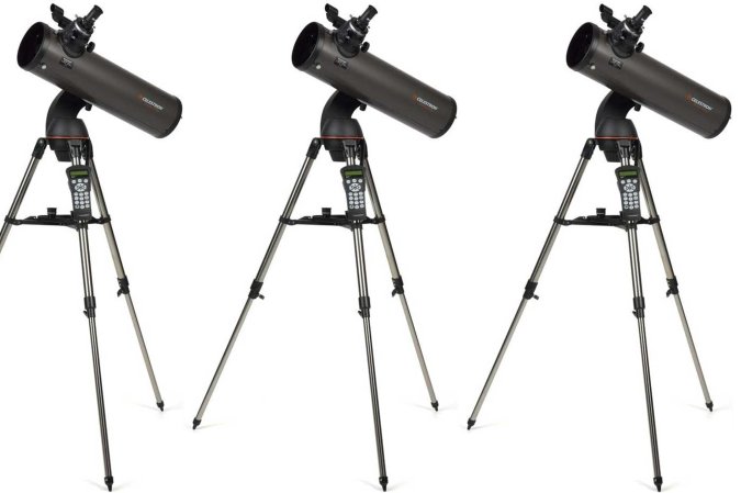 Three Celestron telescopes on a plain background.