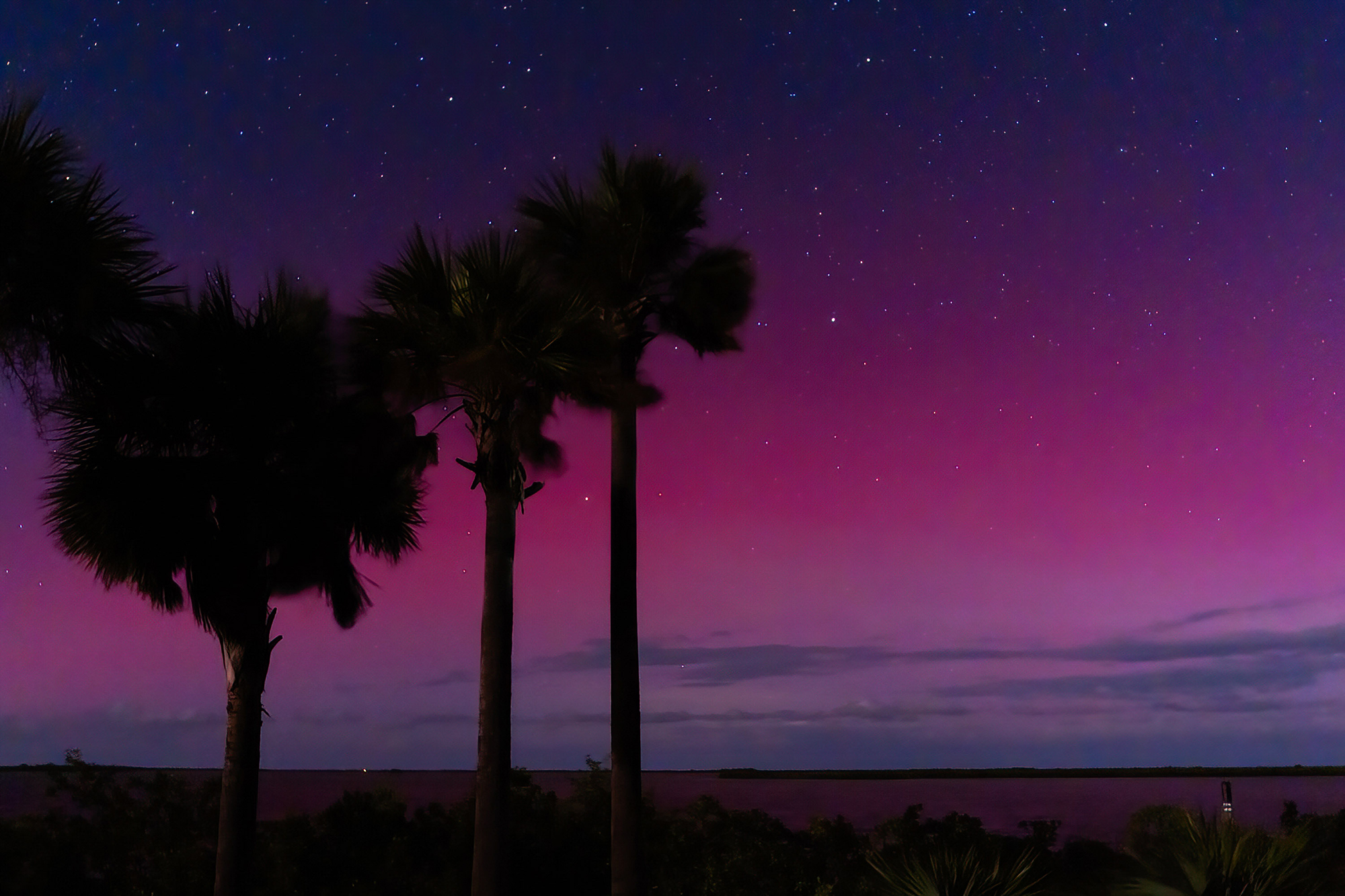 Sugarloaf Key, Florida, USA - 10/10/2024: The Northern Lights can be seen on Sugarloaf Key, just 25 miles from Key West. According to the Space Weather Prediction Center, a severe magnetic storm began on Tuesday night, and the light was now visible farther south than usual. (Photo by Jen Golbeck/SOPA Images/LightRocket, Getty Images)