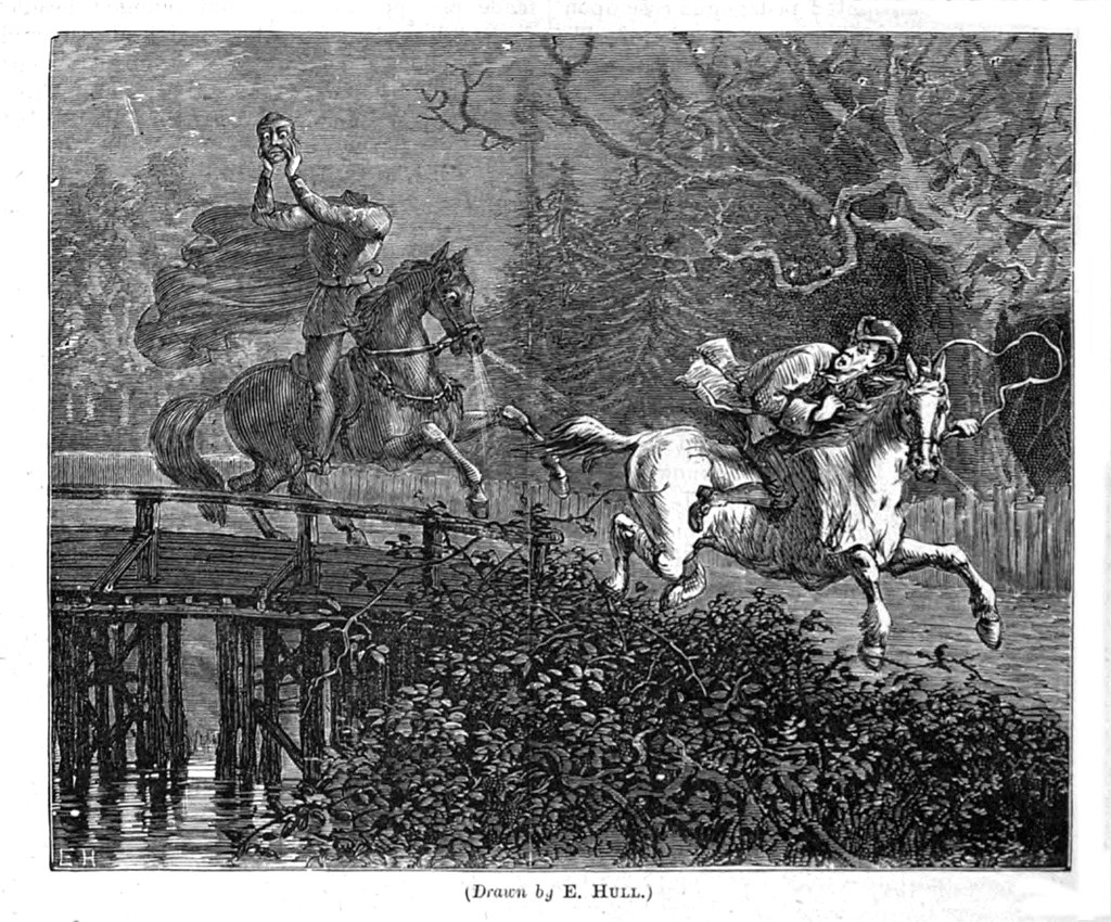 an illustration of a ghost without a head and riding a black horse going after a scared man on a white horse