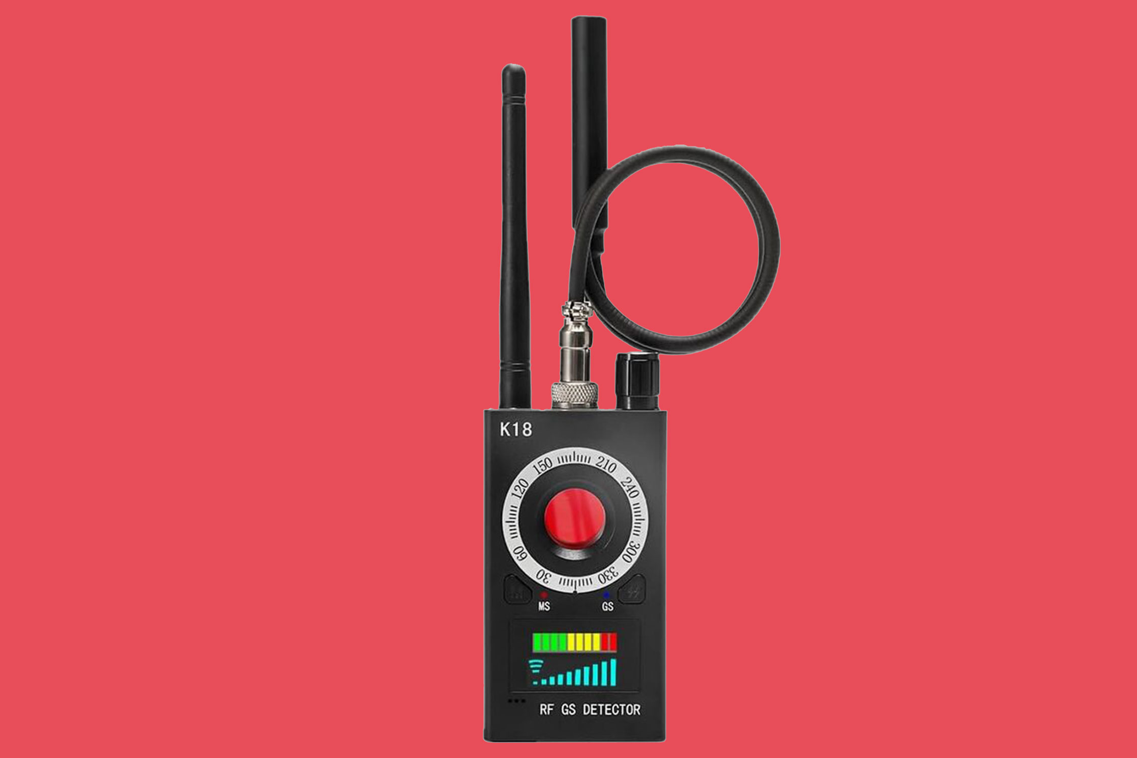 A hidden camera detector on a red background.