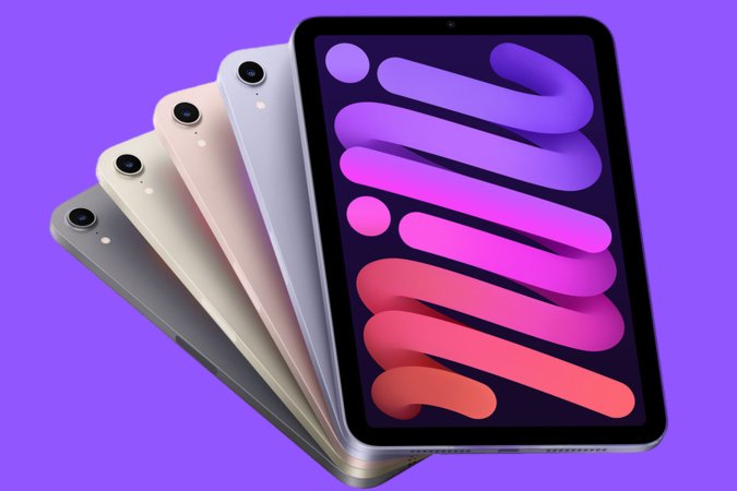 An iPad mini on a purple background.