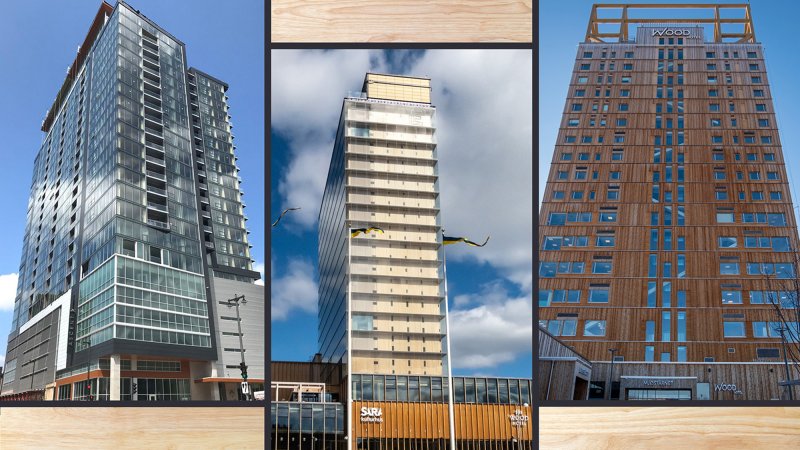 High-rise buildings made of mass timber are appearing in skylines around the world, including, from left, the Ascent skyscraper in Milwaukee, and others in Skellefteå, Sweden; Brumunddal, Norway; Vienna; and Vancouver, Canada.