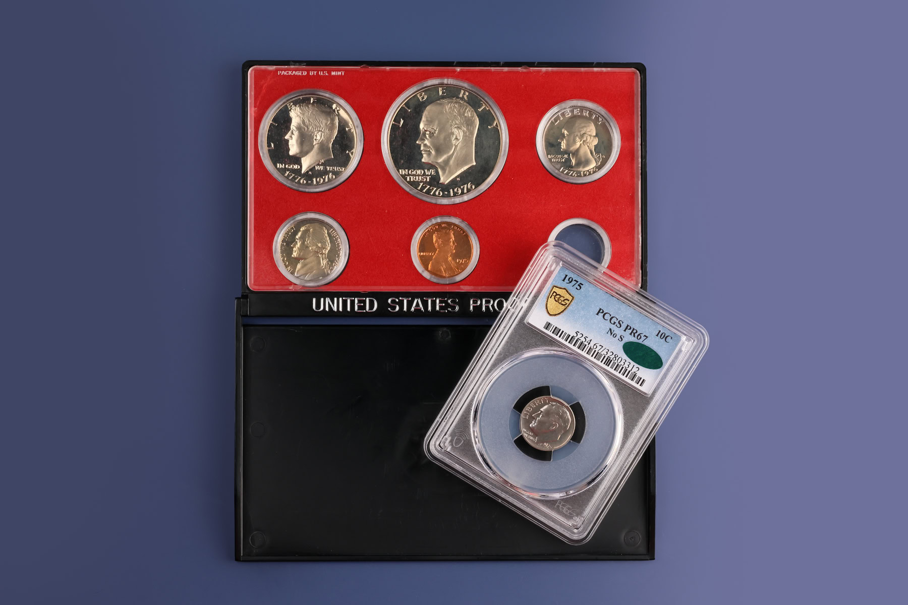 a set of rare united coins on a board