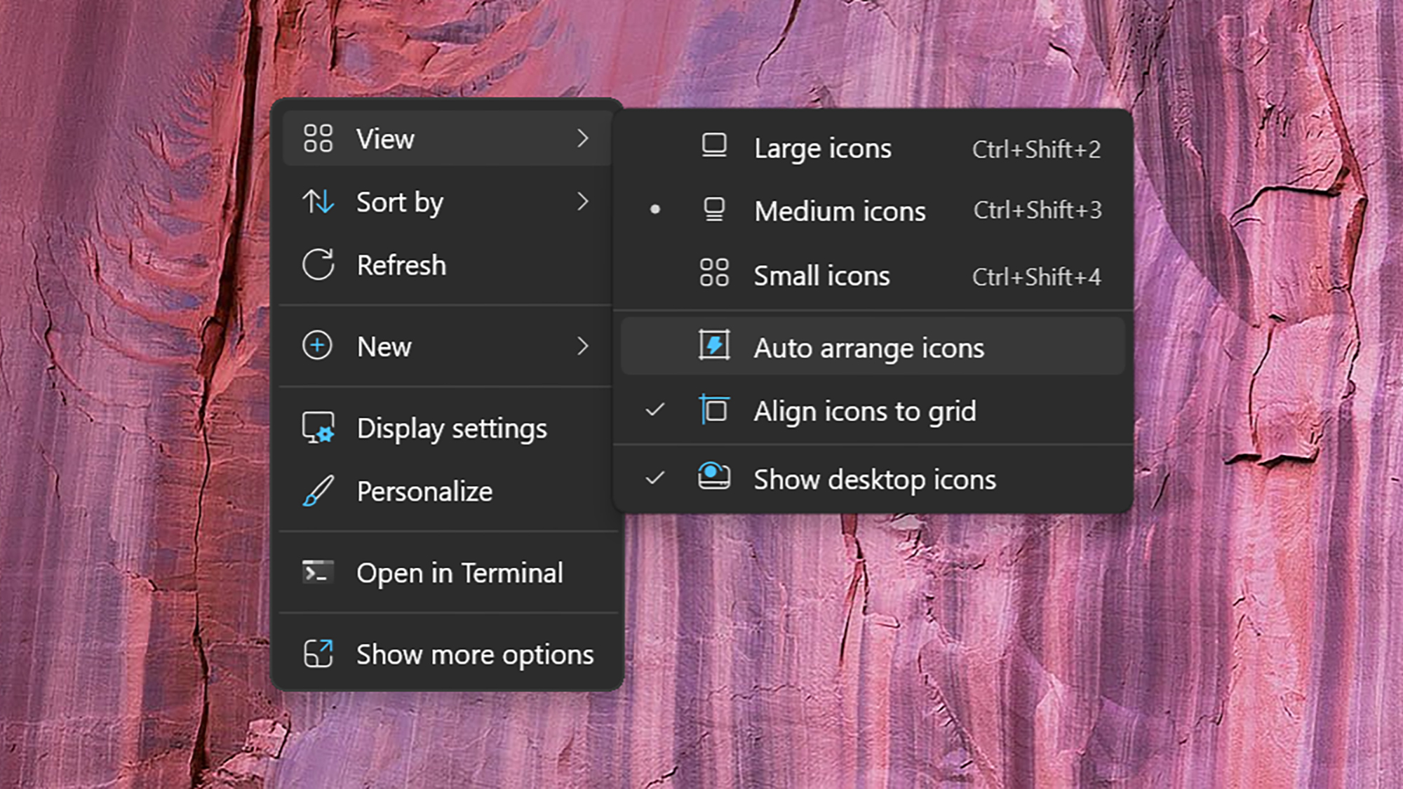 screenshot of desktop icons options