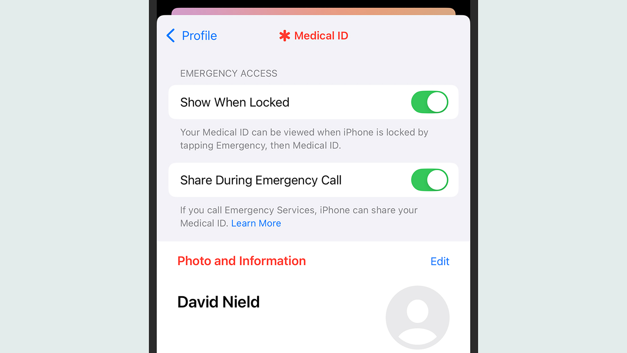 medical id settings on iphone