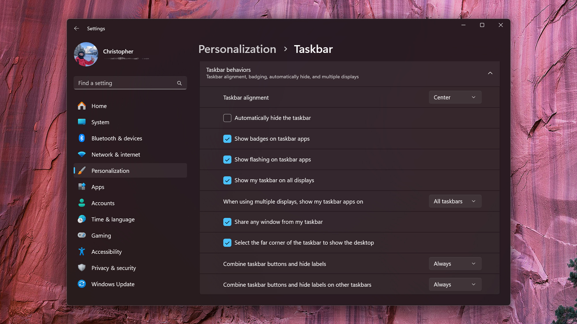 screenshot of taskbar settings