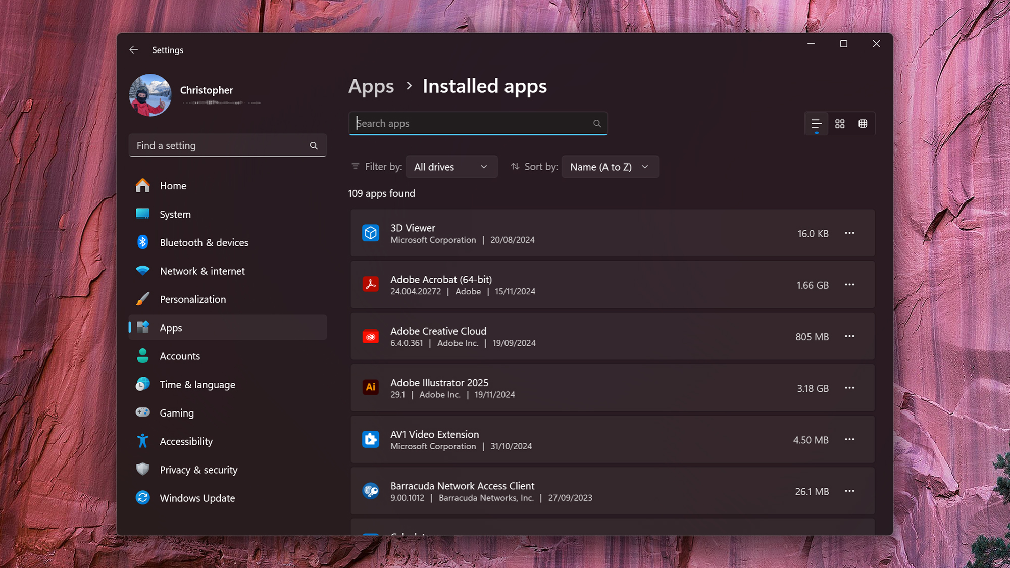 screenshot of installed apps setting