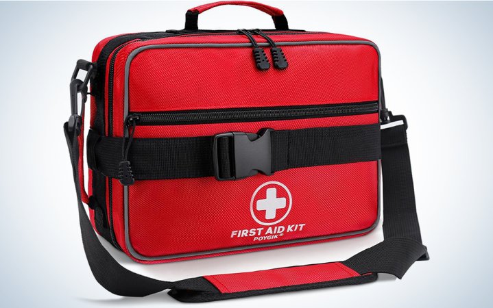  A first aid kit in a red bag