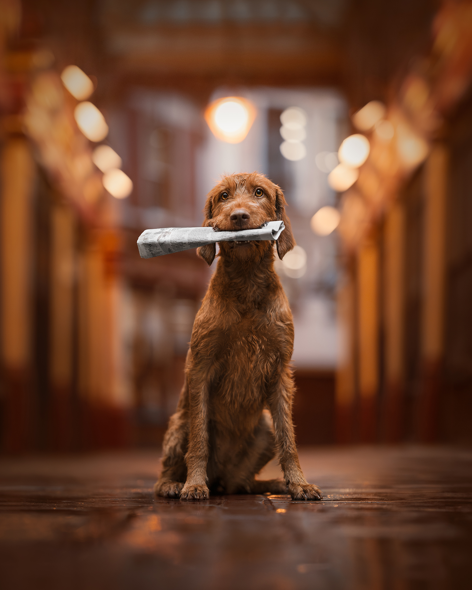 a fluffy dog holds the newspaper in its mouth