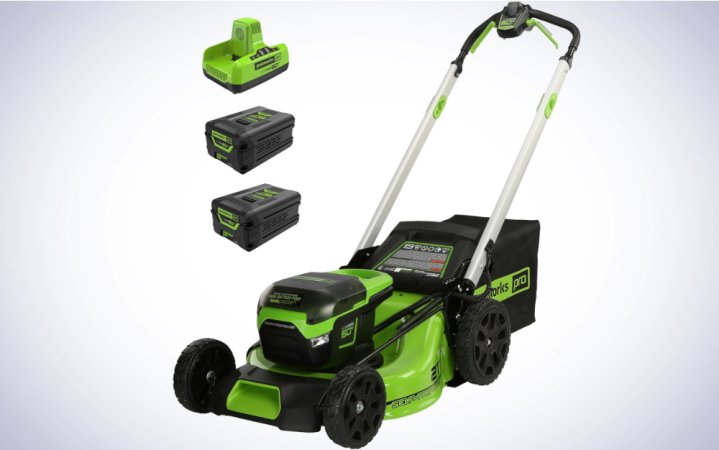     Greenworks 60V 21” cordless (self-propelled) lawnmower on a plain white background.