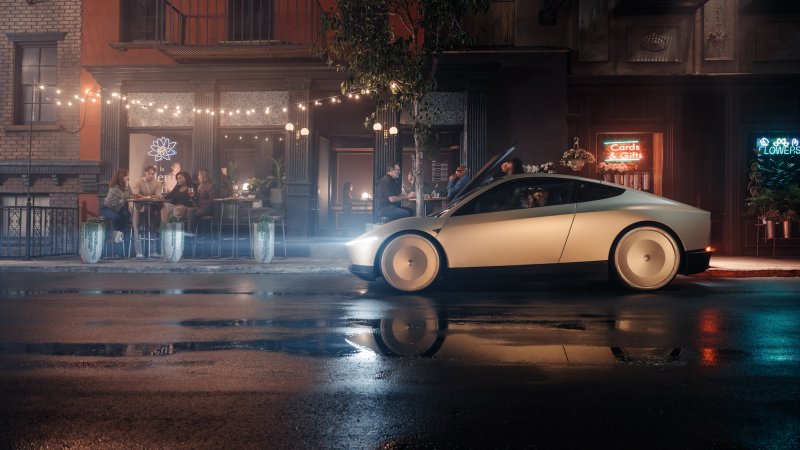 Concept art of Tesla Cybercab on city street at night