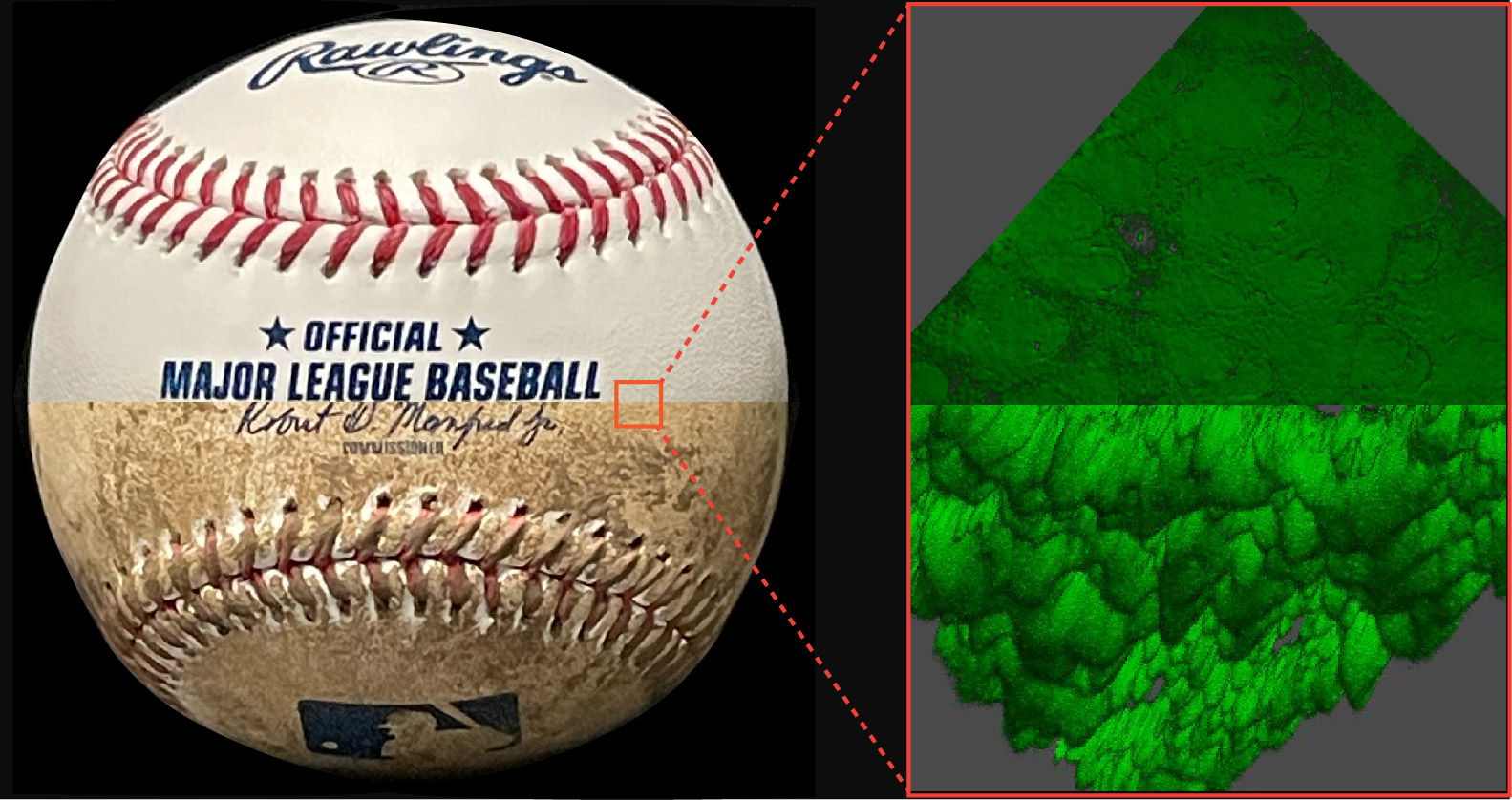 3D reconstructed image showing bare versus mud-coated⁣ baseball surfaces.