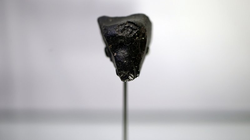 a black meteorite on display at a musuem