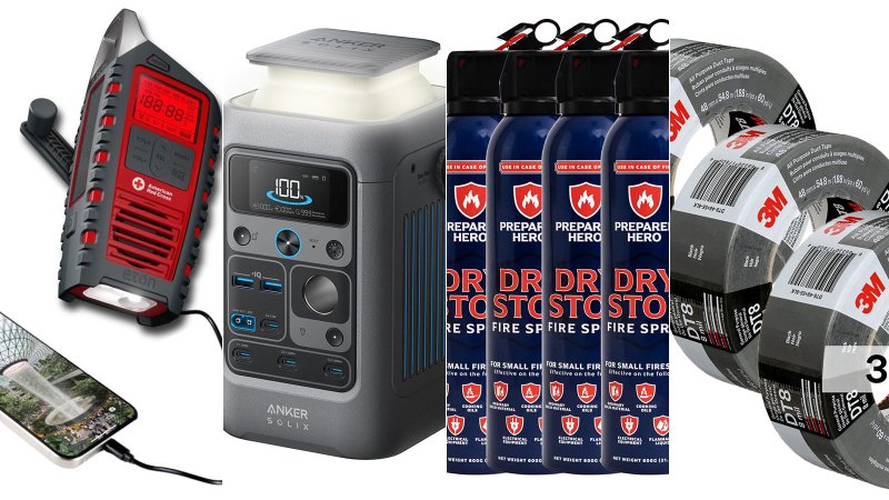 A weather radio, portable power station, fire extinguishers, and duct tape on sale for Black Friday