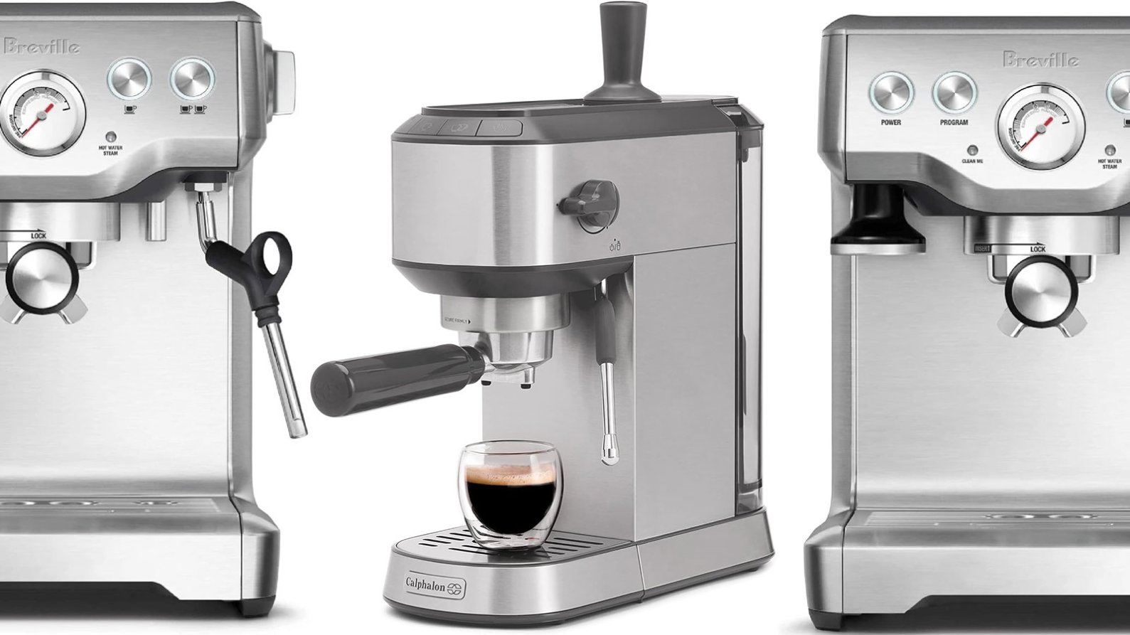 Breville and Calphalon espresso machines on a plain background