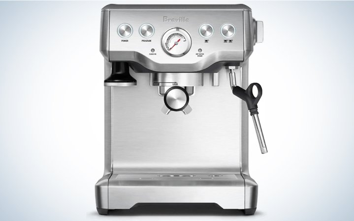  Breville infuser espresso machine on a plain background