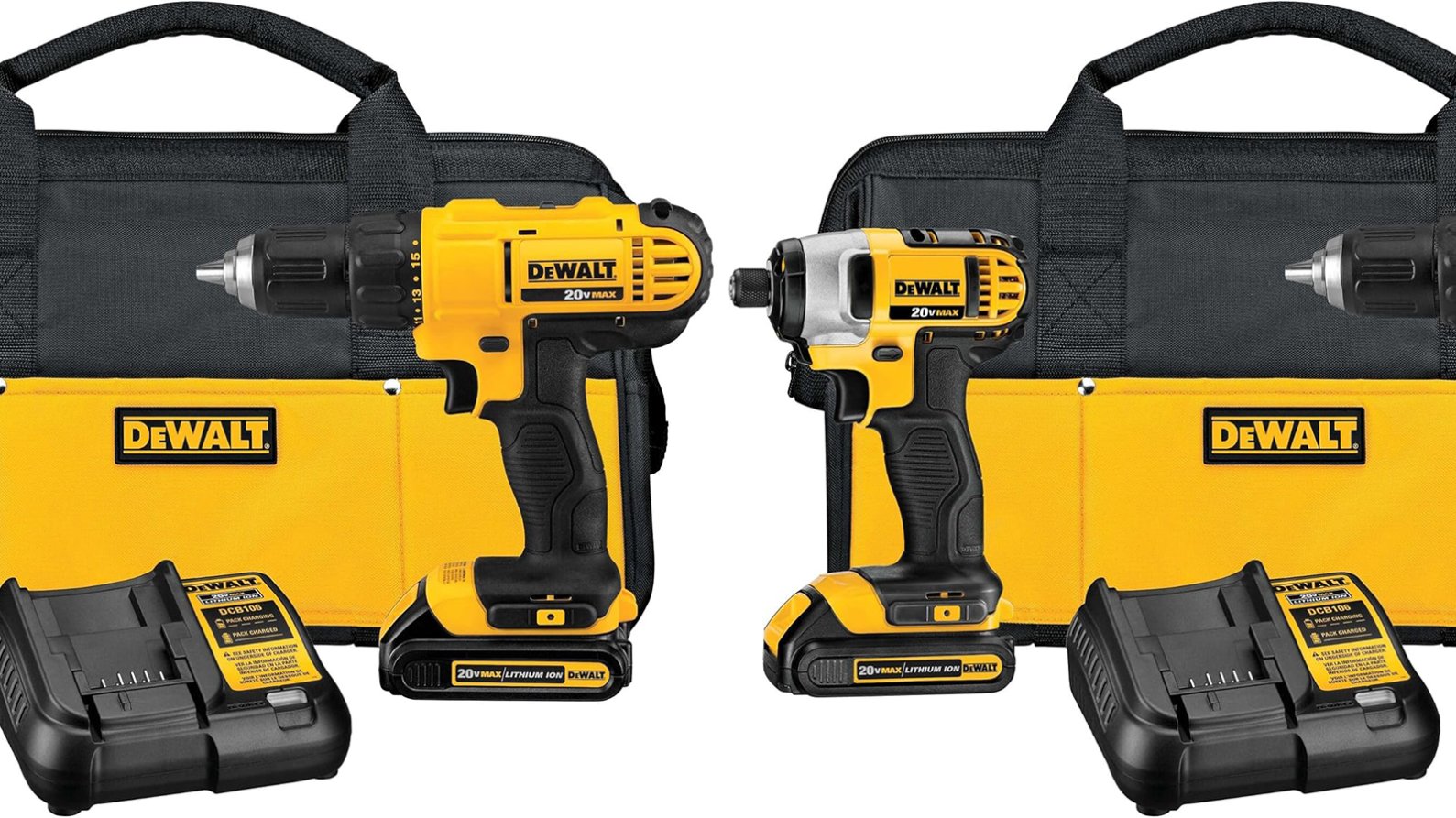 A DeWalt Drill and Driver with their chargers and carrying bags