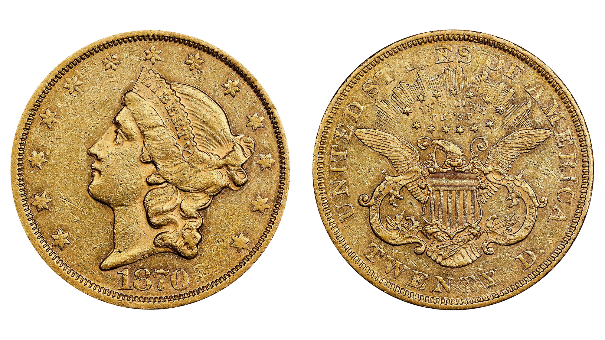 a side by side of a rare gold coin from 1870