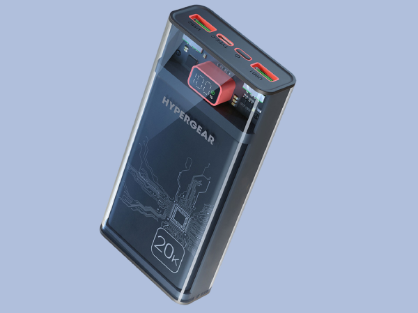 A transparent power bank on a plain background.