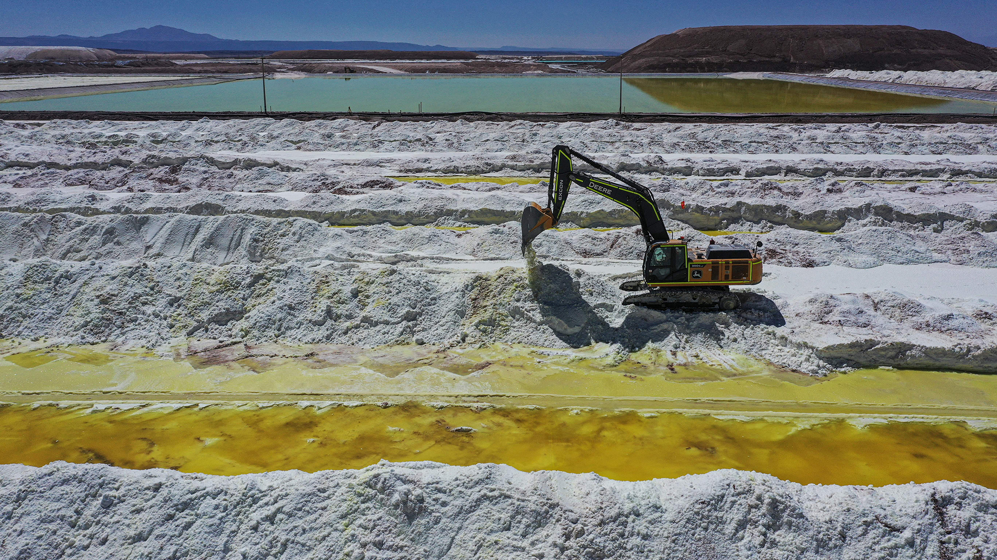 Aerial view of brine ponds and processing areas of the lithium mine of the Chilean company SQM (Sociedad Quimica Minera) in the Atacama Desert, Calama, Chile, on September 12, 2022.