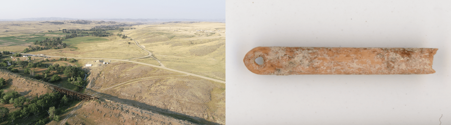 The La Prele site during excavation of Block D (large white structure in mid-ground), where archaeologists discovered several bone needles dating to the Early Paleoindian period (right). Eyed bone needle from La Prele Block D made from red fox bone (left). CREDIT. Todd Surovell.