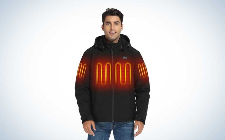  A man wearing a Black Ororo black heated jacket.